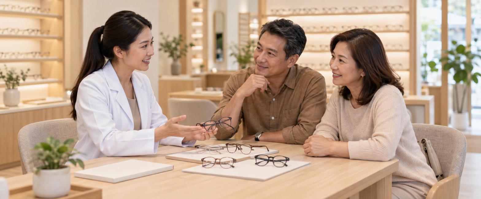 นักทัศนมาตรอธิบายเลนส์ Essilor Essentials ให้คู่สามีภรรยาในร้านแว่นตา GIFTGREATS