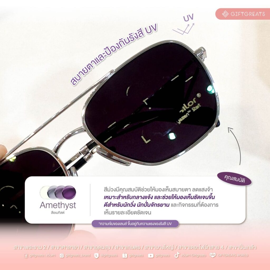 เลนส์ Essilor Eyezen Start สี Amethyst เปลี่ยนสีเข้มเมื่อโดนรังสี UV บนกรอบ PRADA PR B50V