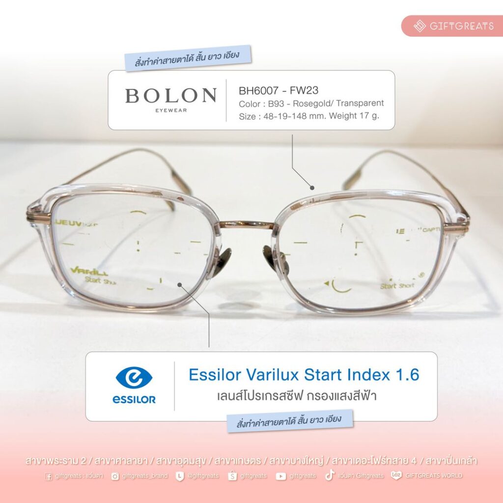 รอยสลัก Start Short และ BlueUV Capture บนเลนส์ Essilor Varilux ที่กรองแสงสีฟ้าและรังสี UV