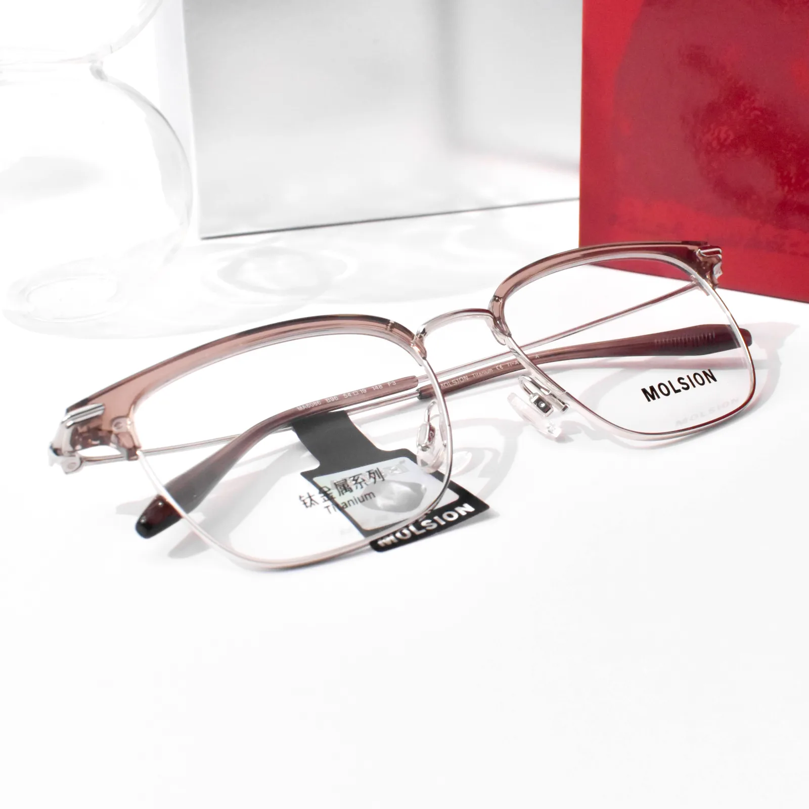 แว่นสายตา MOLSION MA6086 สี Moonlight Silver/Transparent Tawny Brown (B96) มุมเฉียง