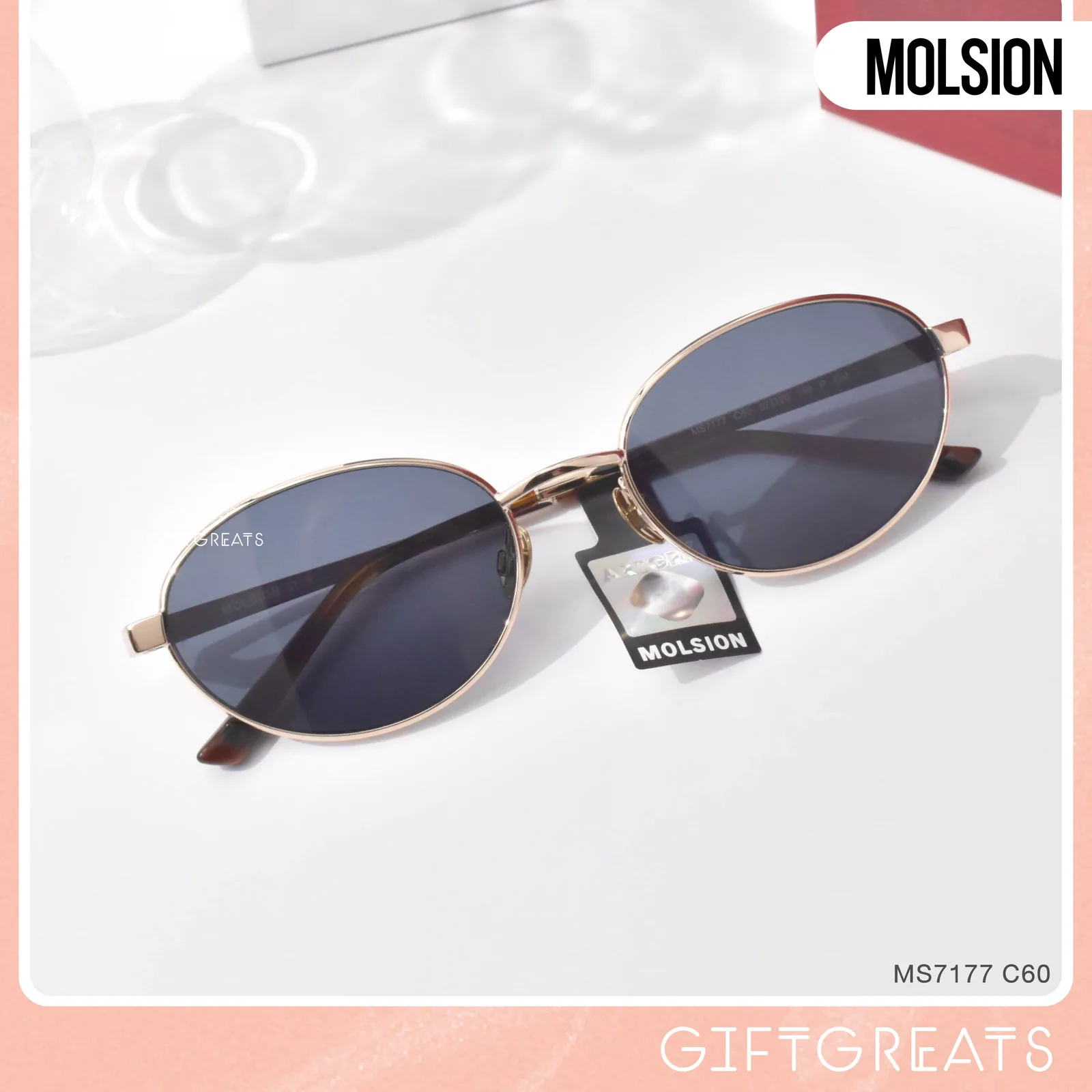แว่นกันแดด MOLSION MS7177 สี Wheat Gold/Bluish Grey (C60) เลนส์โพลาไรซ์ มุมเฉียง ภาพจากร้าน GIFTGREATS
