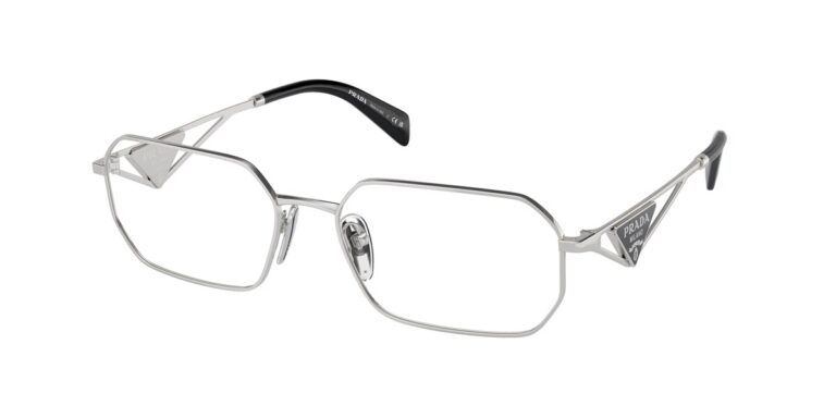 กรอบแว่นสายตา PRADA PR A53V โครงโลหะสีเงิน โลโก้สามเหลี่ยมที่ขา
