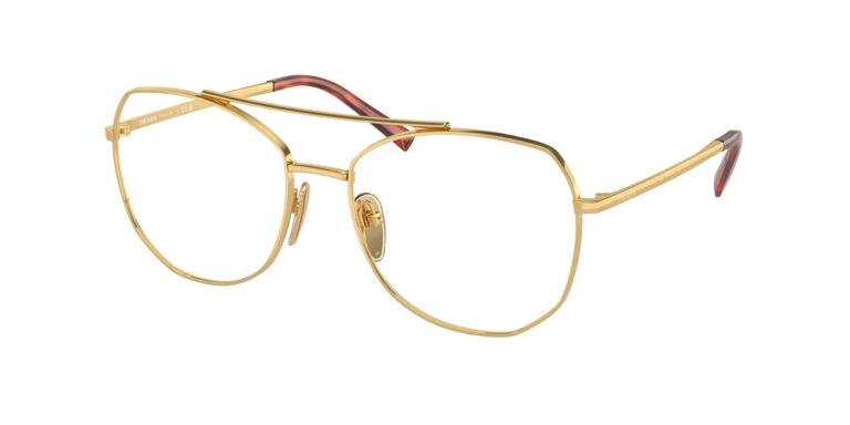 กรอบแว่นสายตา PRADA PR A58V ทรงเรขาคณิต โครงโลหะสีทอง โลโก้สามเหลี่ยมที่ขา