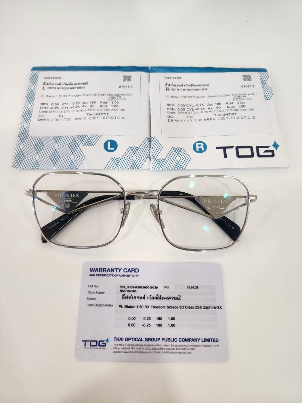 เลนส์ TOG Freedom Solace 3D 1.50 ZSX Bluloc พร้อมใบรับรองและใบรับประกัน บนกรอบ PRADA A51 สีเงิน