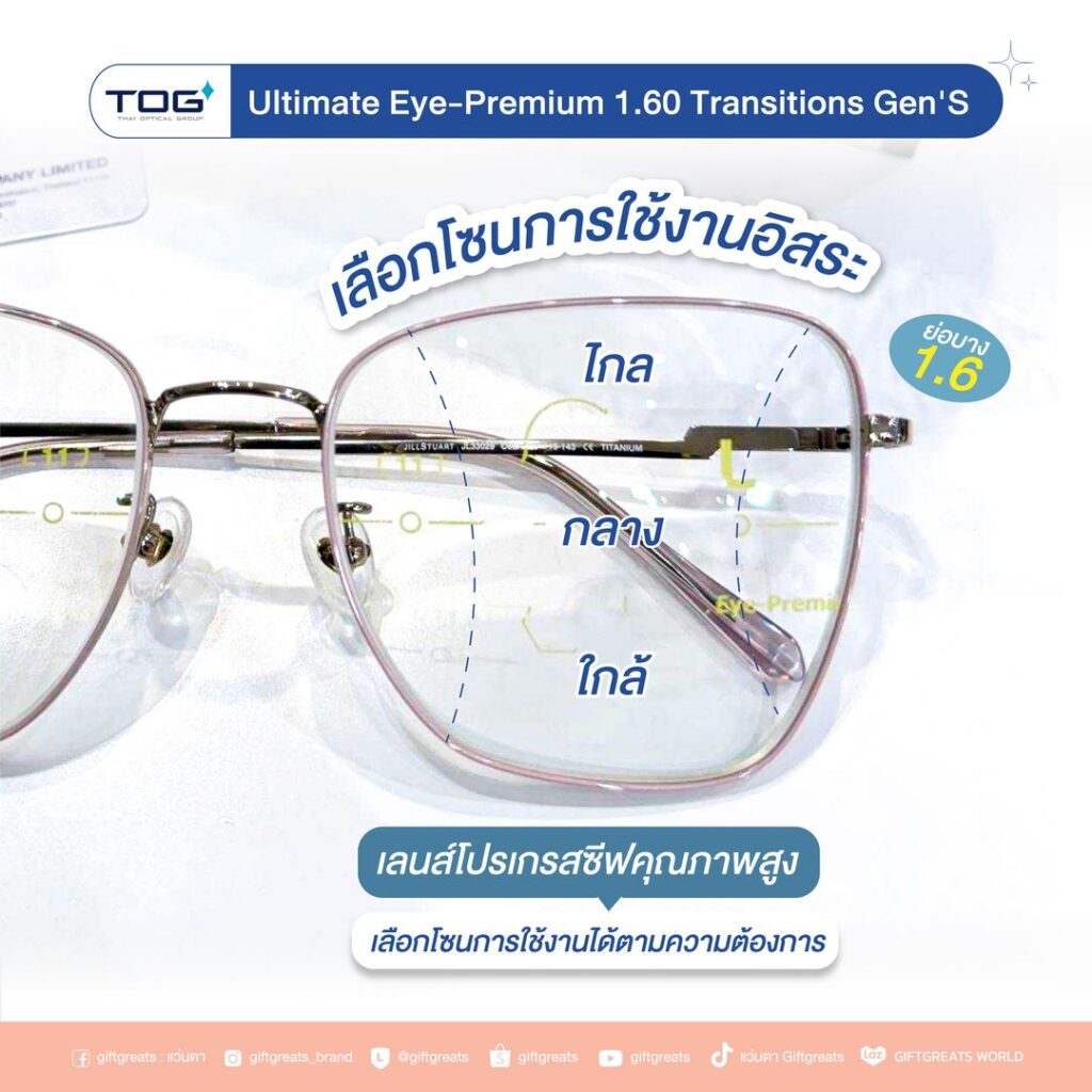 โซนการมองไกล กลาง ใกล้ ของเลนส์โปรเกรสซีฟ TOG Ultimate EYE-PREMIUM บนกรอบ JILL STUART JL33029