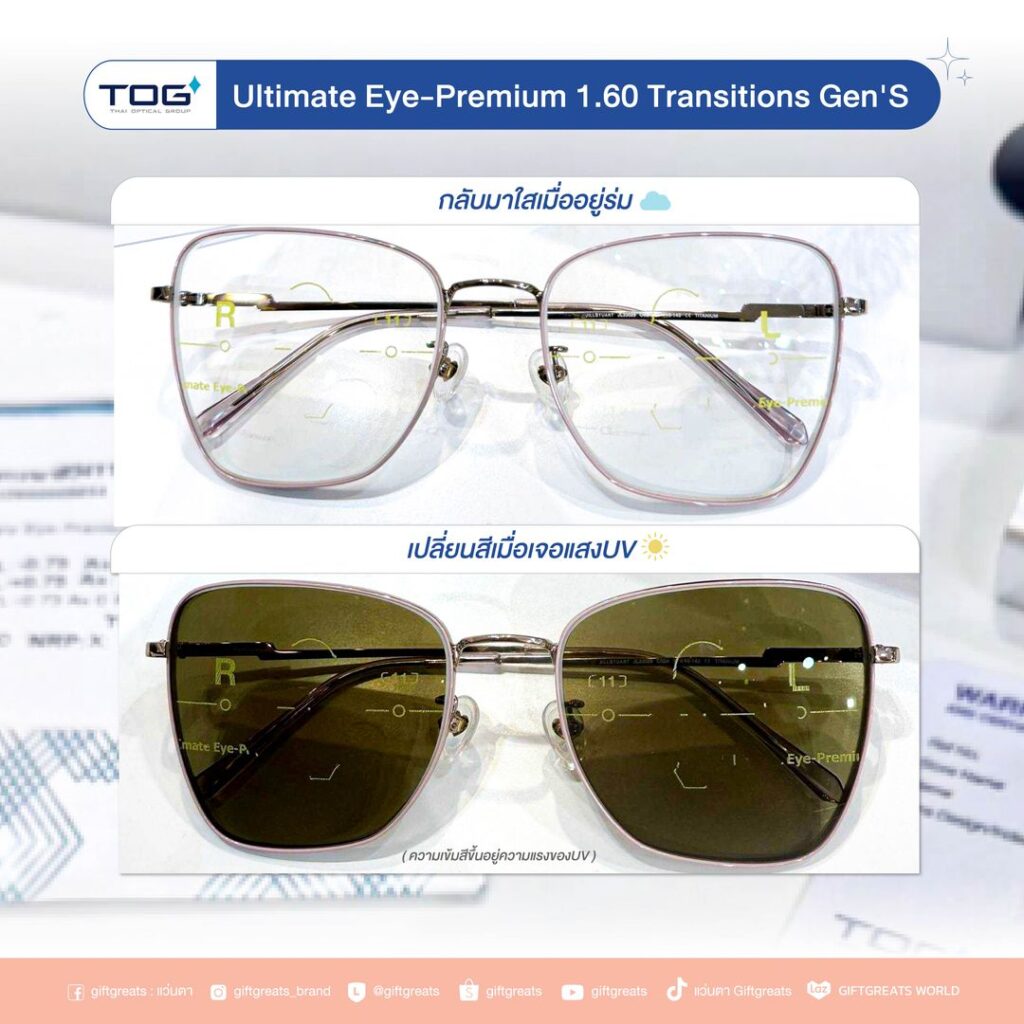เลนส์ TOG Ultimate EYE-PREMIUM Transitions Gen S บนกรอบ JILL STUART เทียบตอนอยู่ในร่มกับตอนเจอแสง UV