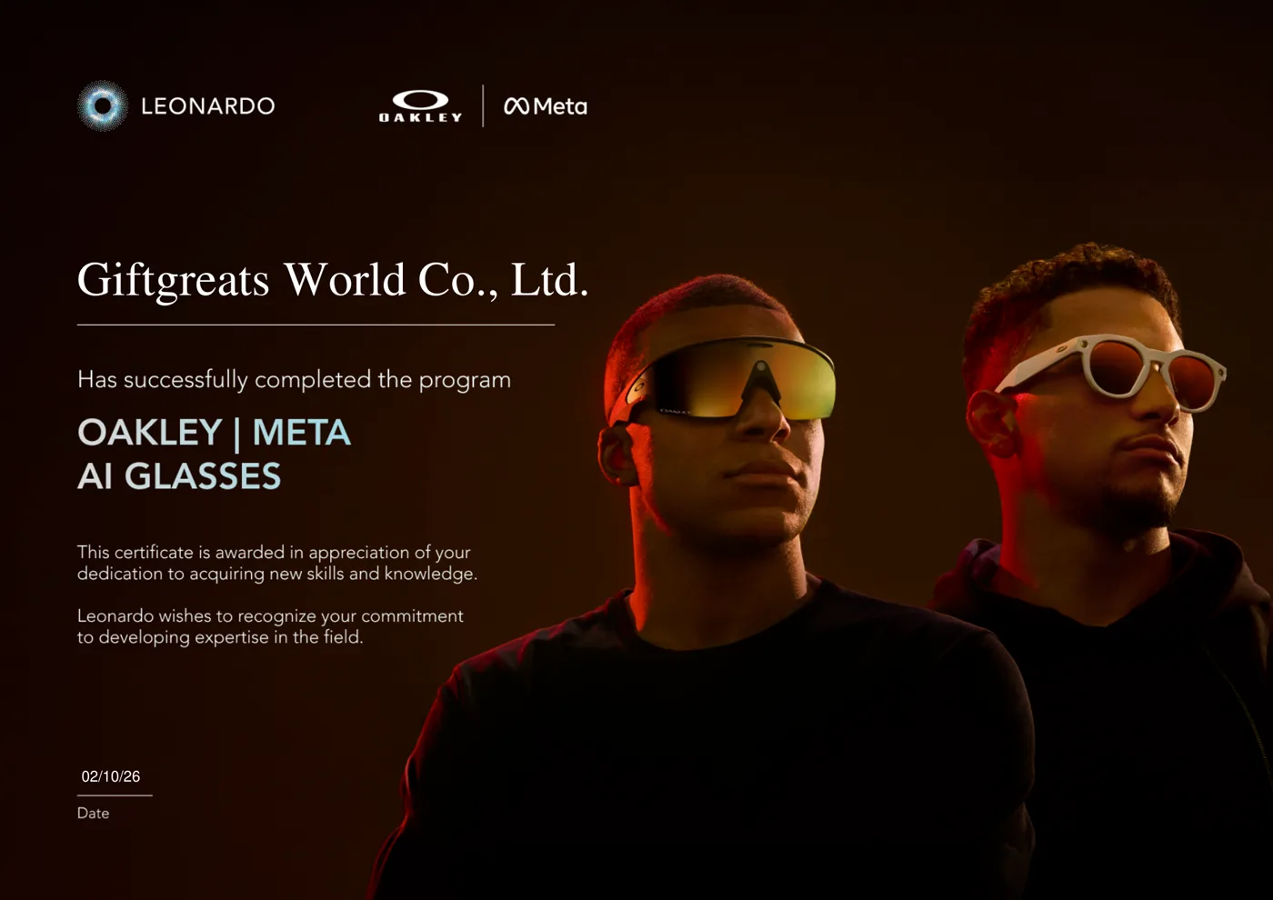 ใบประกาศผ่านหลักสูตร Oakley Meta AI Glasses ของ Giftgreats World Co., Ltd. จาก Leonardo