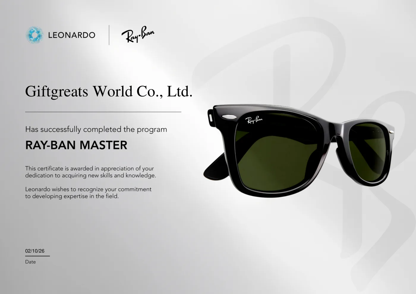 ใบประกาศผ่านหลักสูตร Ray-Ban Master ของ Giftgreats World Co., Ltd. จาก Leonardo