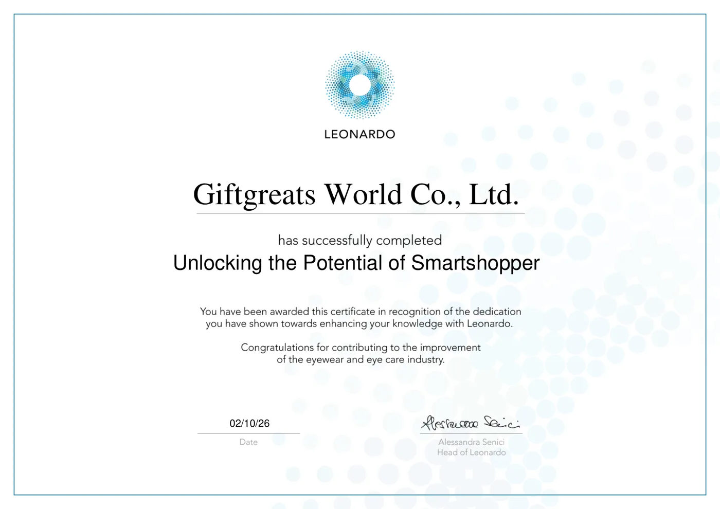 ใบประกาศผ่านหลักสูตร Unlocking the Potential of Smartshopper ของ Giftgreats World Co., Ltd. จาก Leonardo