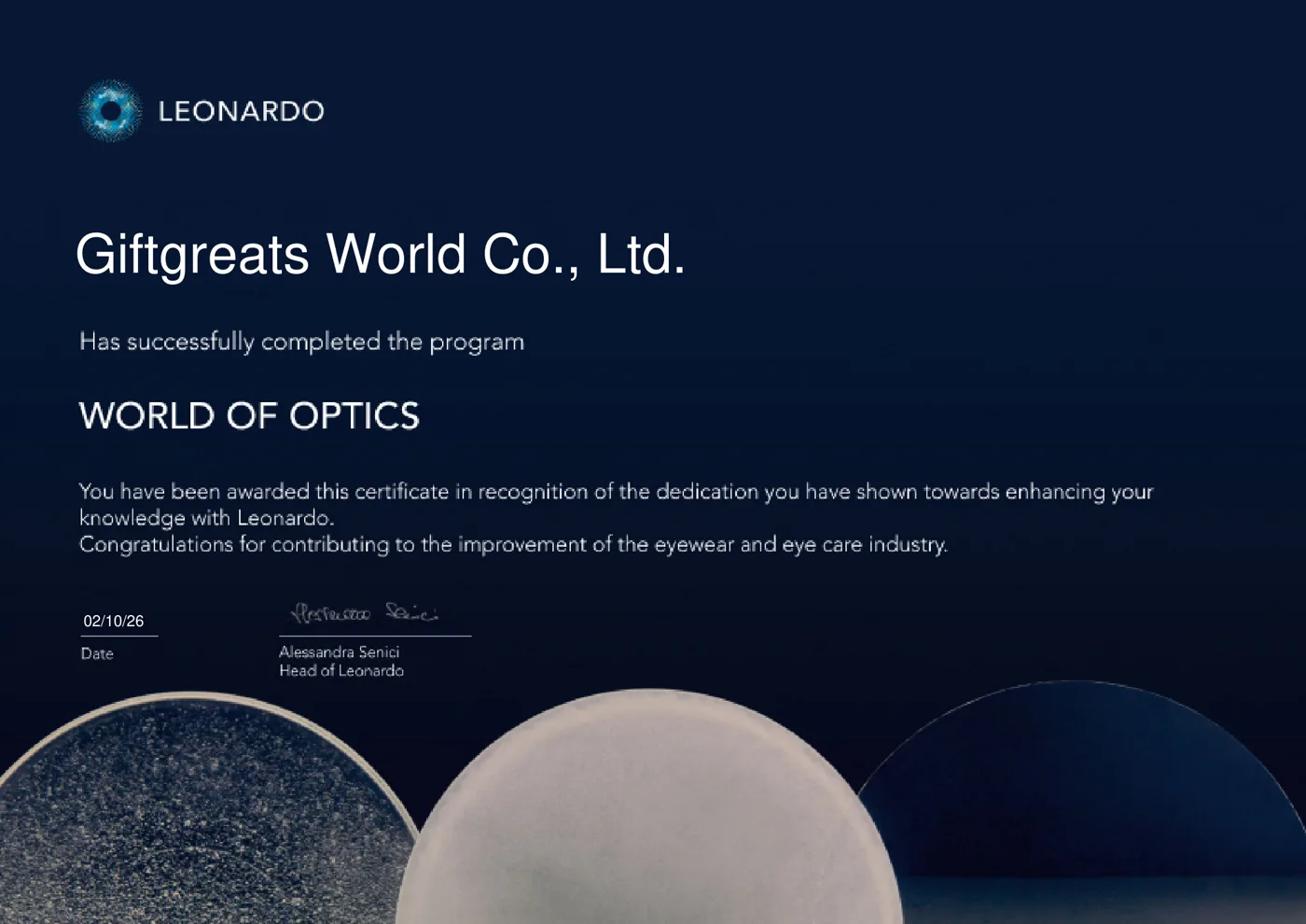 ใบประกาศผ่านหลักสูตร World of Optics ของ Giftgreats World Co., Ltd. จาก Leonardo